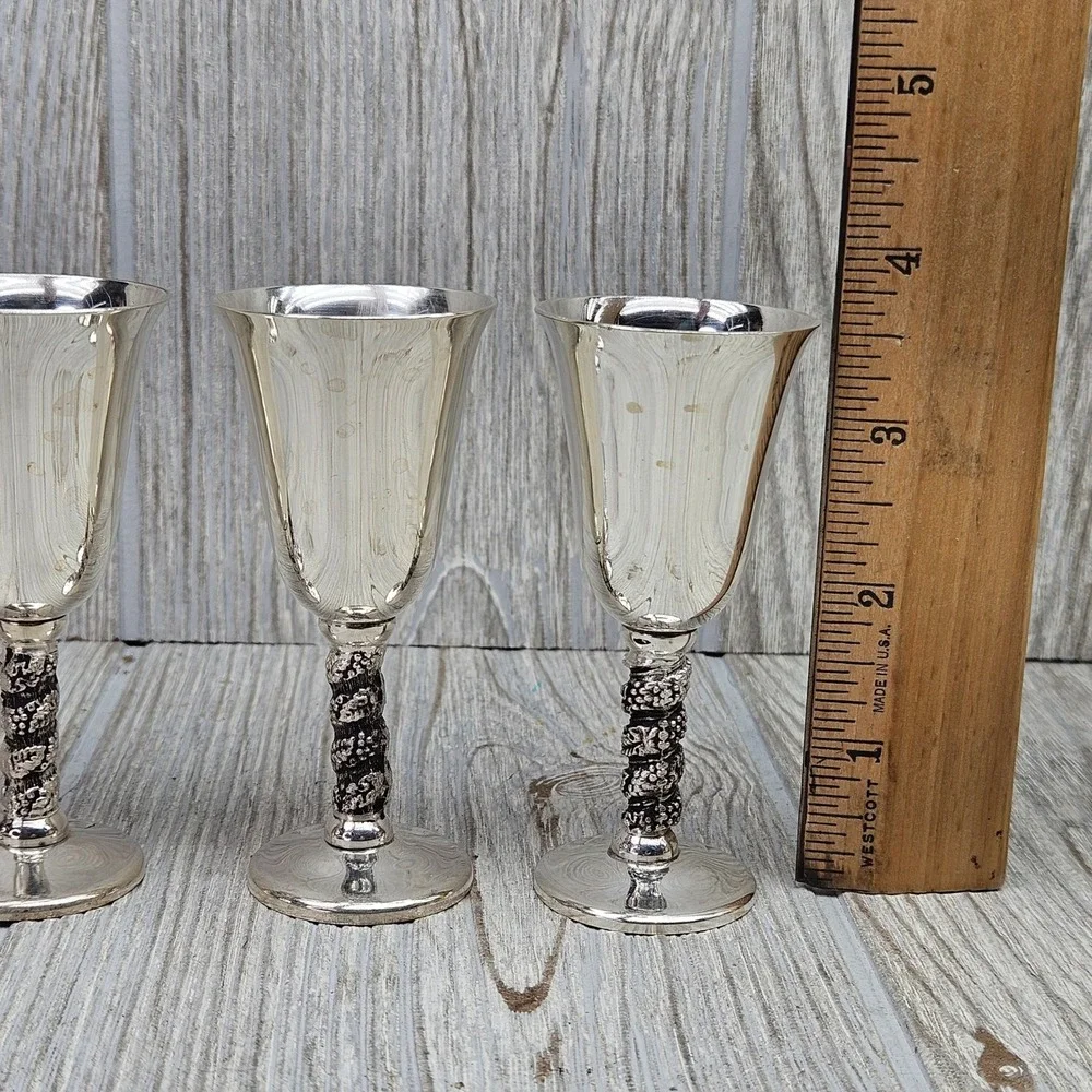 Roma SL Madrid Spain Silver Plated Cordial Goblets Set of 4 Grapevine Stem 3.5